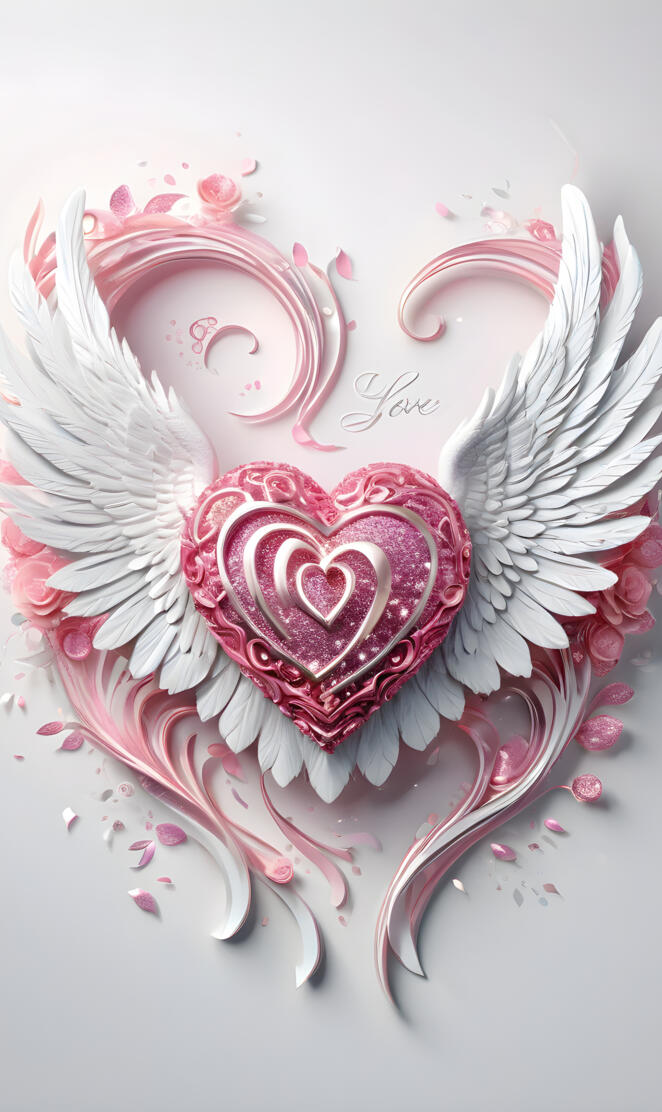 beautiful pink heart, feathered wings, words Love above heart