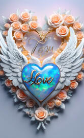 beautiful blue opal heart, peach roses, feathered wings, words