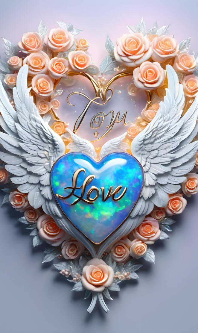 beautiful blue opal heart, peach roses, feathered wings, words