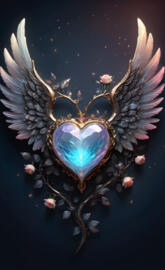 glass heart, metallic glitter wings, roses, gold edged