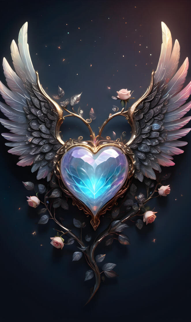 glass heart, metallic glitter wings, roses, gold edged