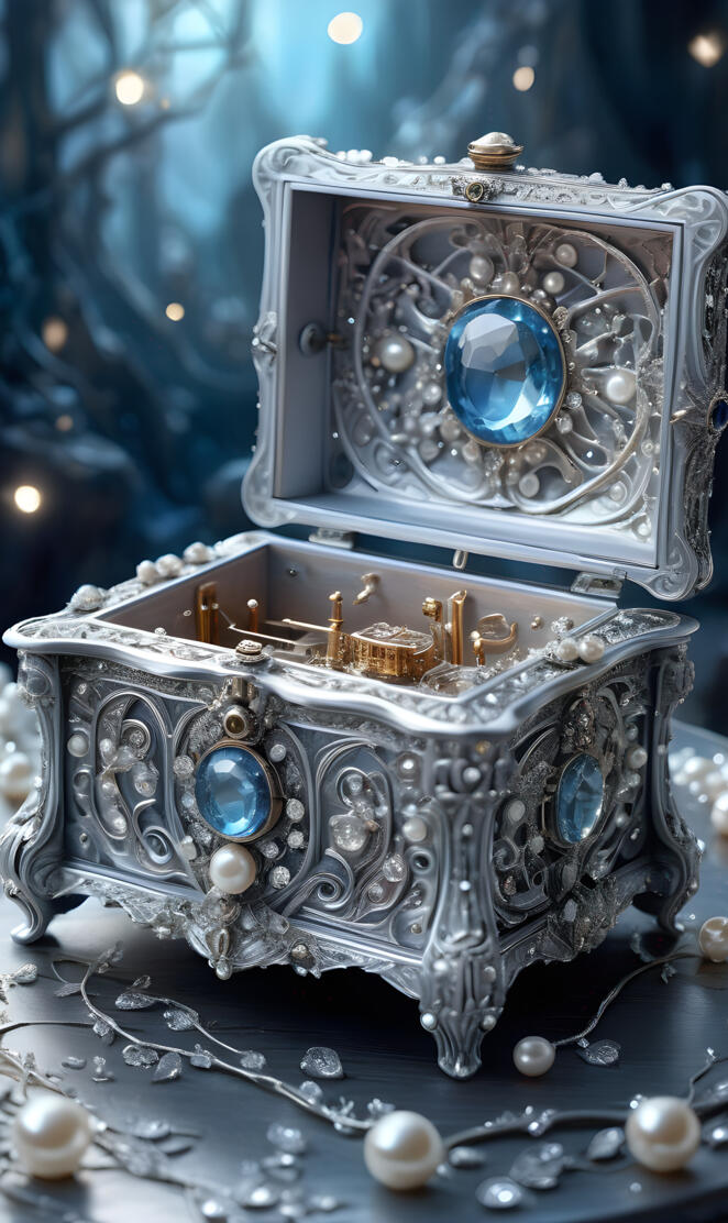 antique silver music box decorated with diamonds and pearls