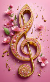 a gold and pink big musical note surrounded in pink blossoms.