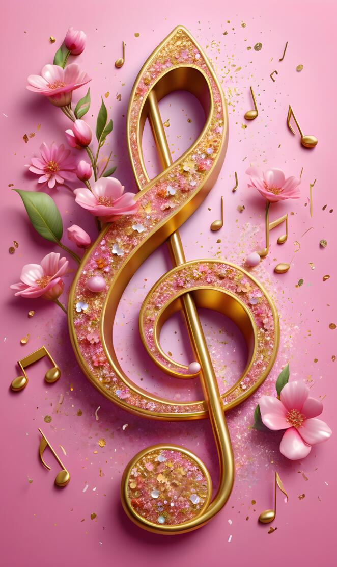 a gold and pink big musical note surrounded in pink blossoms.