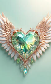 lovely seafood green diamond, heart shaped, angelic wings, rose gold