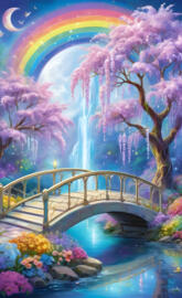 a bridge over a body of water with flowers on the side