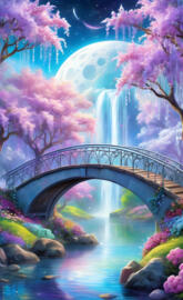 a bridge over a body of water with colorful flowers on the side