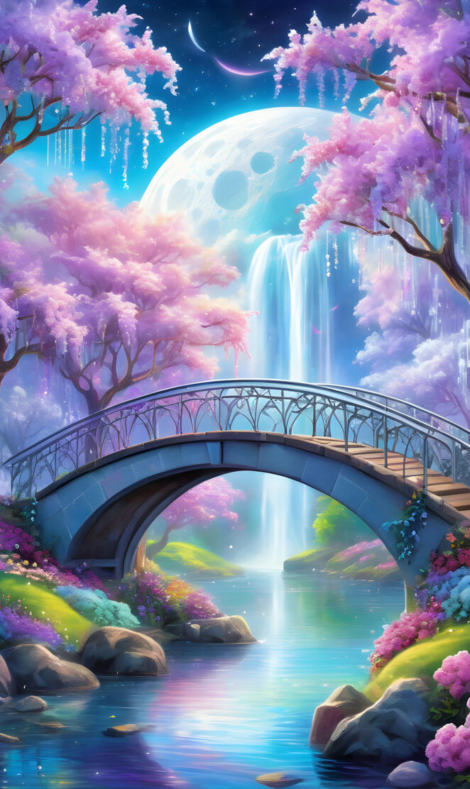a bridge over a body of water with colorful flowers on the side