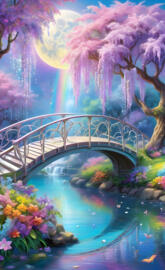 a bridge over a body of water with colorful flowers on the side
