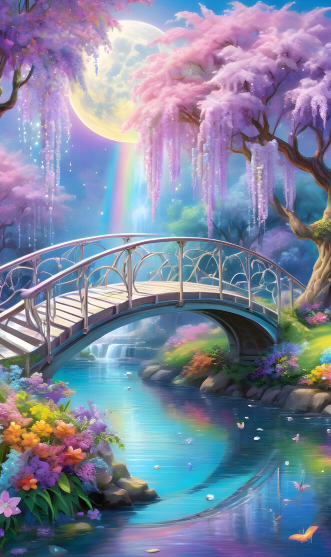 a bridge over a body of water with colorful flowers on the side