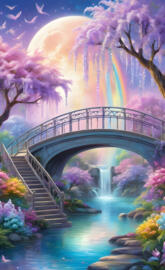 a bridge over a river with a waterfall and trees around it