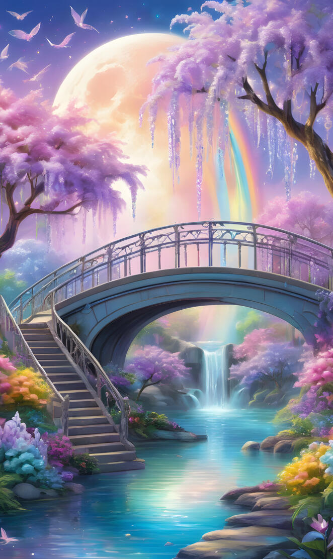 a bridge over a river with a waterfall and trees around it