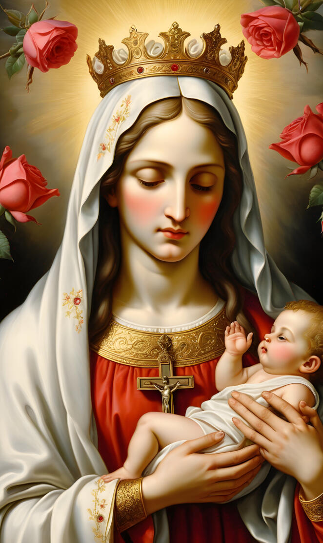 Blessed Mother, Holy Mary, graceful and loving, holding baby Jesus