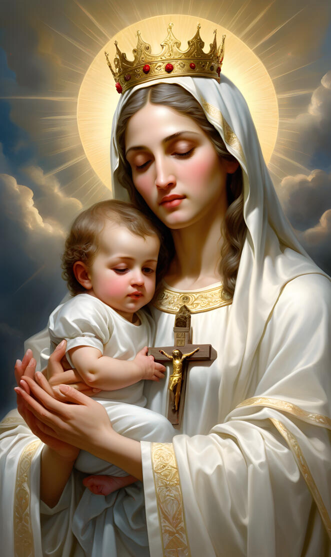 Blessed Mother, Holy Mary, graceful and loving, holding baby Jesus