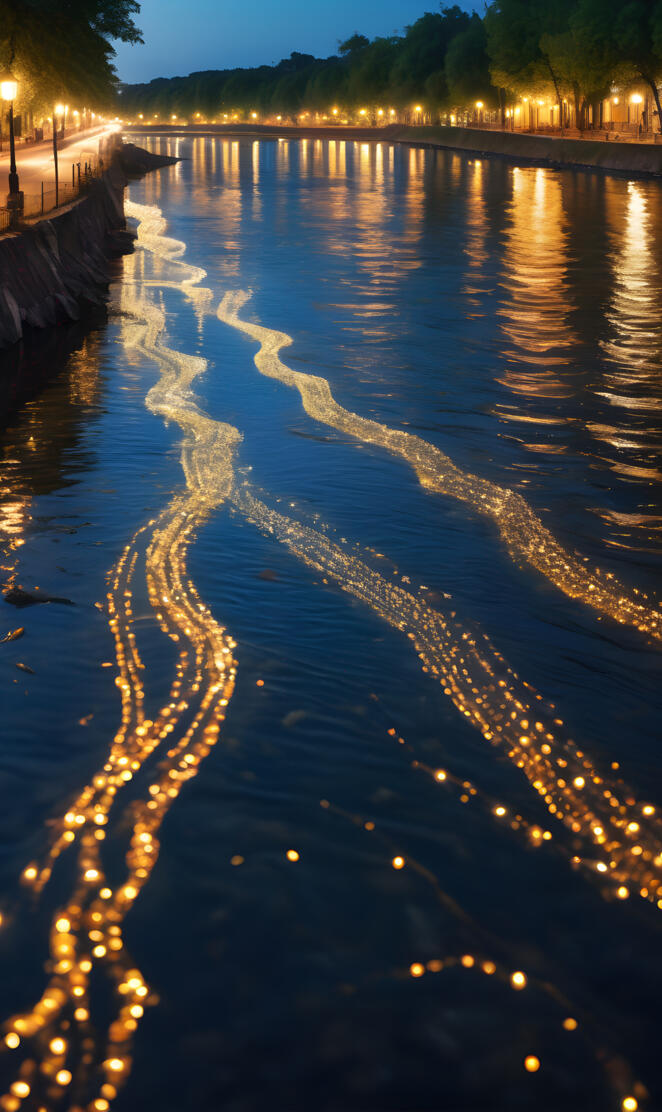 (Beautiful river with crystal clear, flowing waters, illuminated by gr