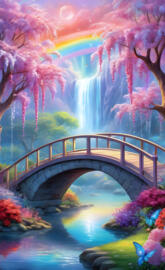 a bridge over a river with colorful trees and a rainbow