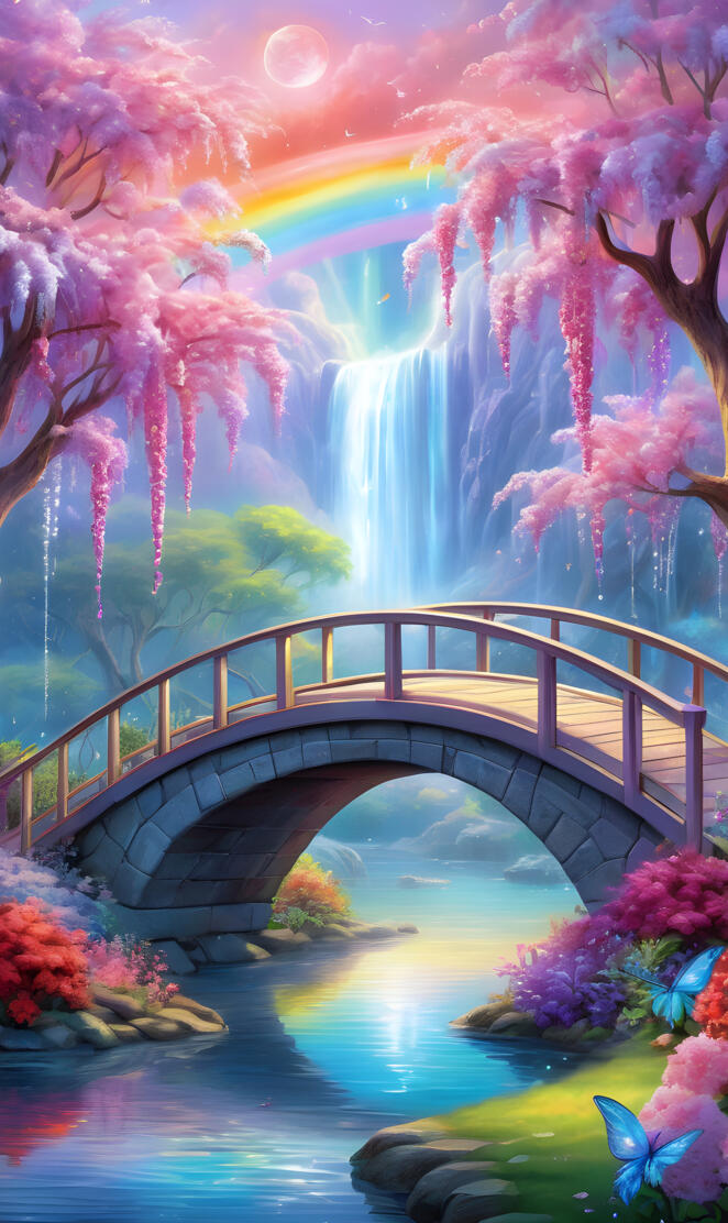 a bridge over a river with colorful trees and a rainbow
