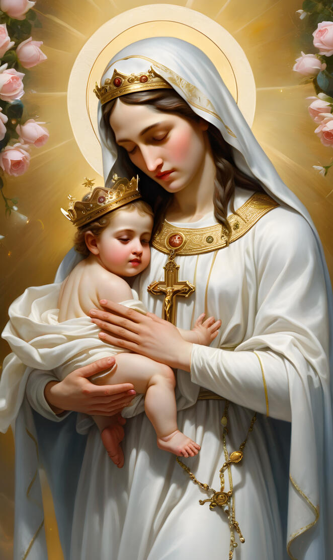 Blessed Mother, Holy Mary, graceful and loving, holding baby Jesus