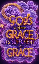 a purple flower with yellow text