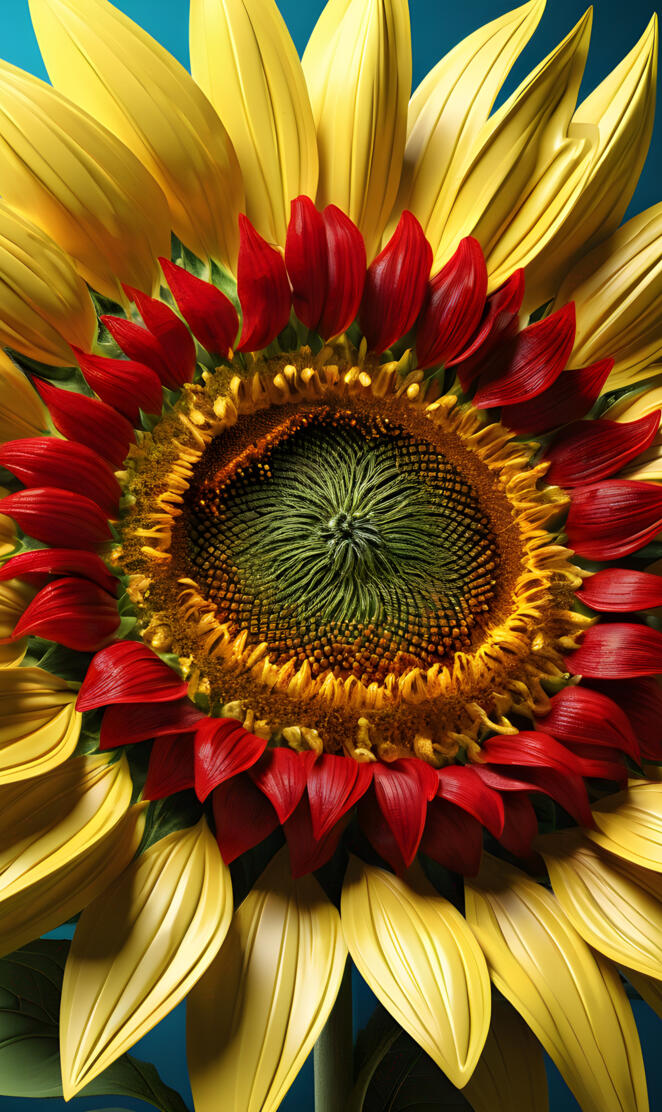 a colorful flower with a black center