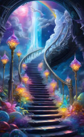 a large stairway with colorful moon
