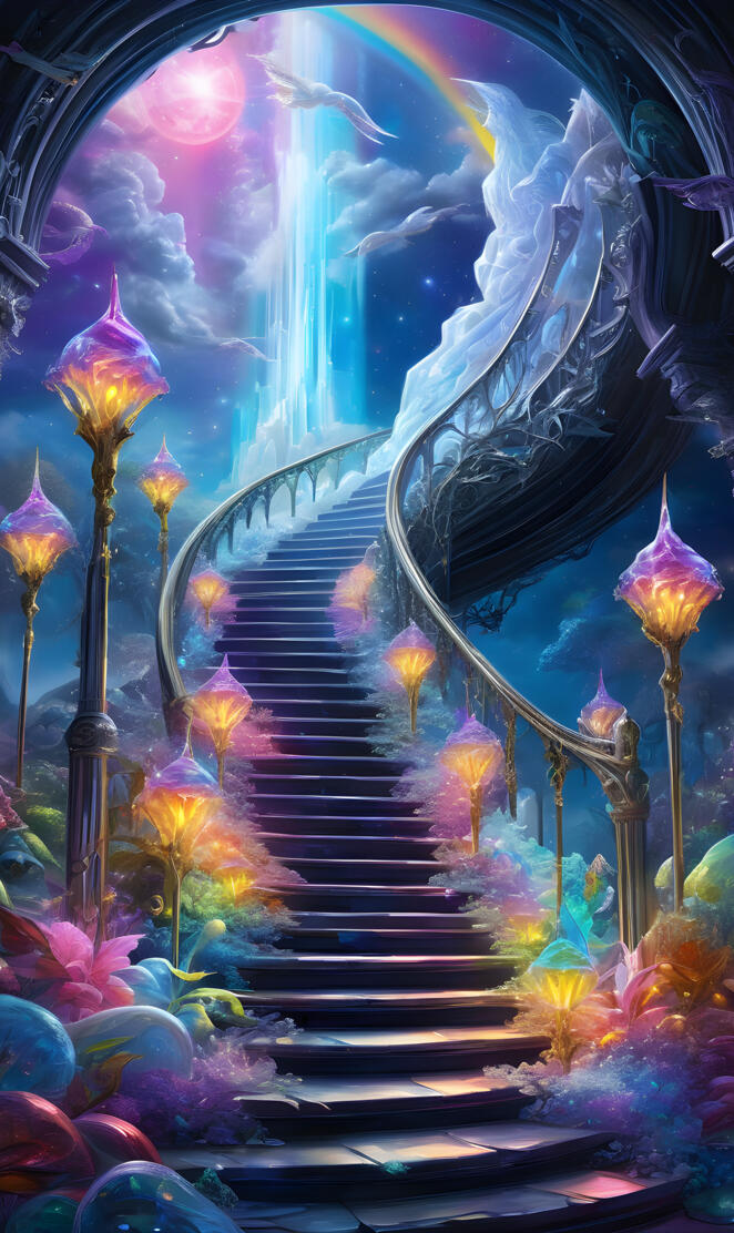 a large stairway with colorful moon