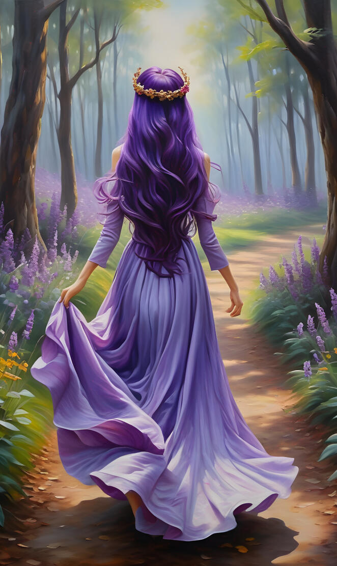 a woman in a dress walking through a garden