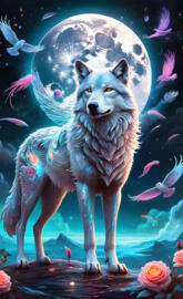 a wolf with a moon in the background