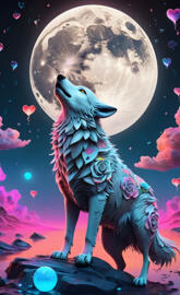 a wolf with a moon in the background