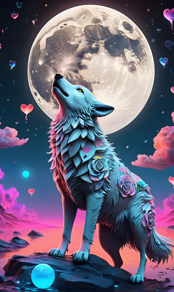 a wolf with a moon in the background