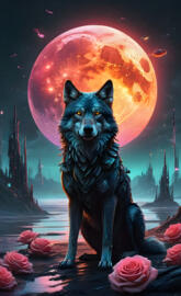a wolf in a red and yellow sky with a large moon in the background