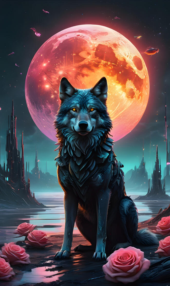 a wolf in a red and yellow sky with a large moon in the background