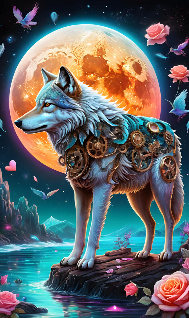 a wolf with a flower crown