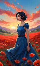 a woman in a blue dress standing in a field of flowers