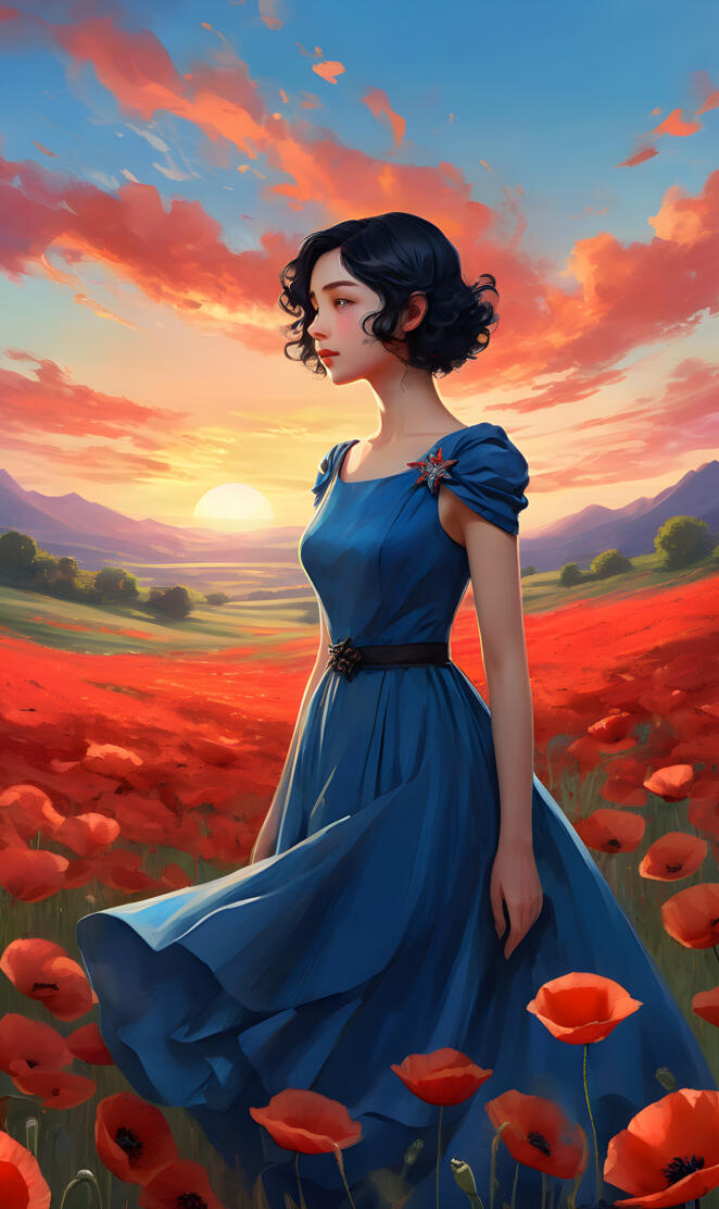 a woman in a blue dress standing in a field of flowers