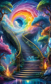 a staircase with colorful lights