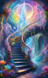 a colorful stairway with flowers