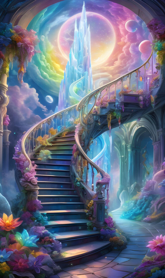 a colorful stairway with flowers