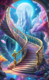 a golden staircase with flowers