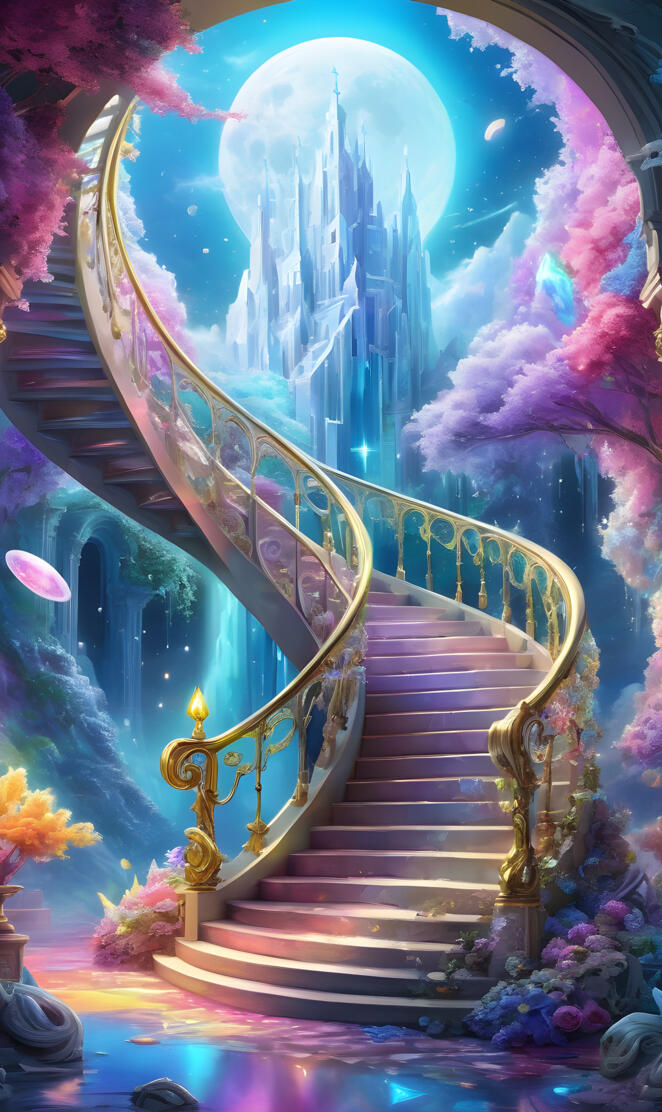 a golden staircase with flowers