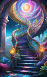 a colorful staircase with flowers