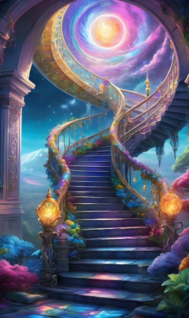 a colorful staircase with flowers