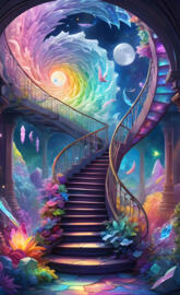 a staircase with colorful lights