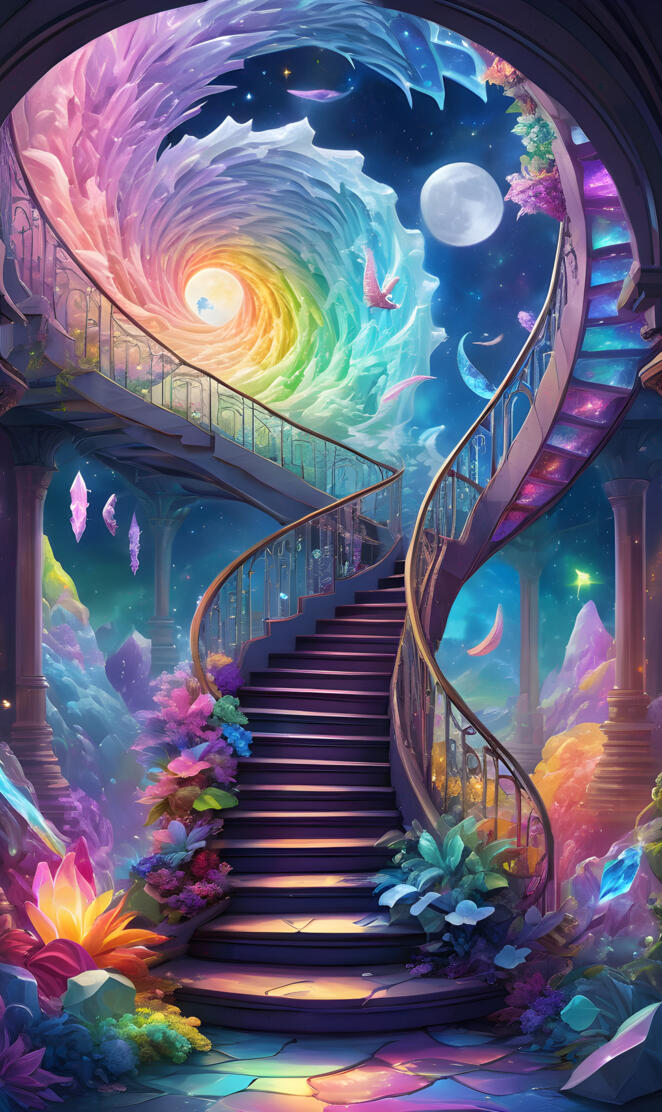 a staircase with colorful lights