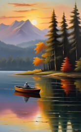 a person in a boat on a lake with trees and mountains in the