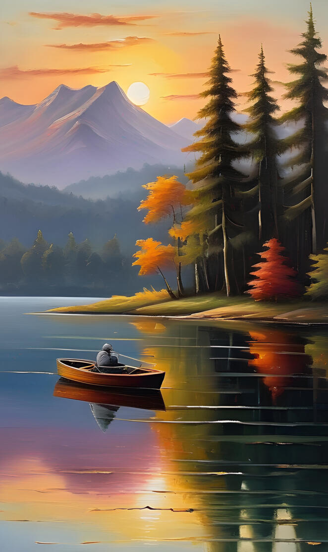 a person in a boat on a lake with trees and mountains in the