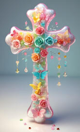 a bouquet of flowers and a cross