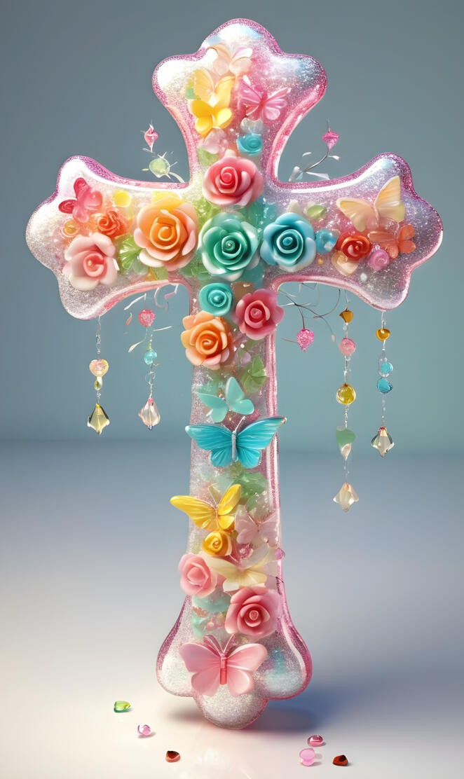 a bouquet of flowers and a cross