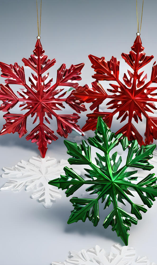 red, green and white snow flakes