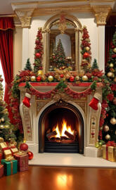 a fireplace with decorations and a fire